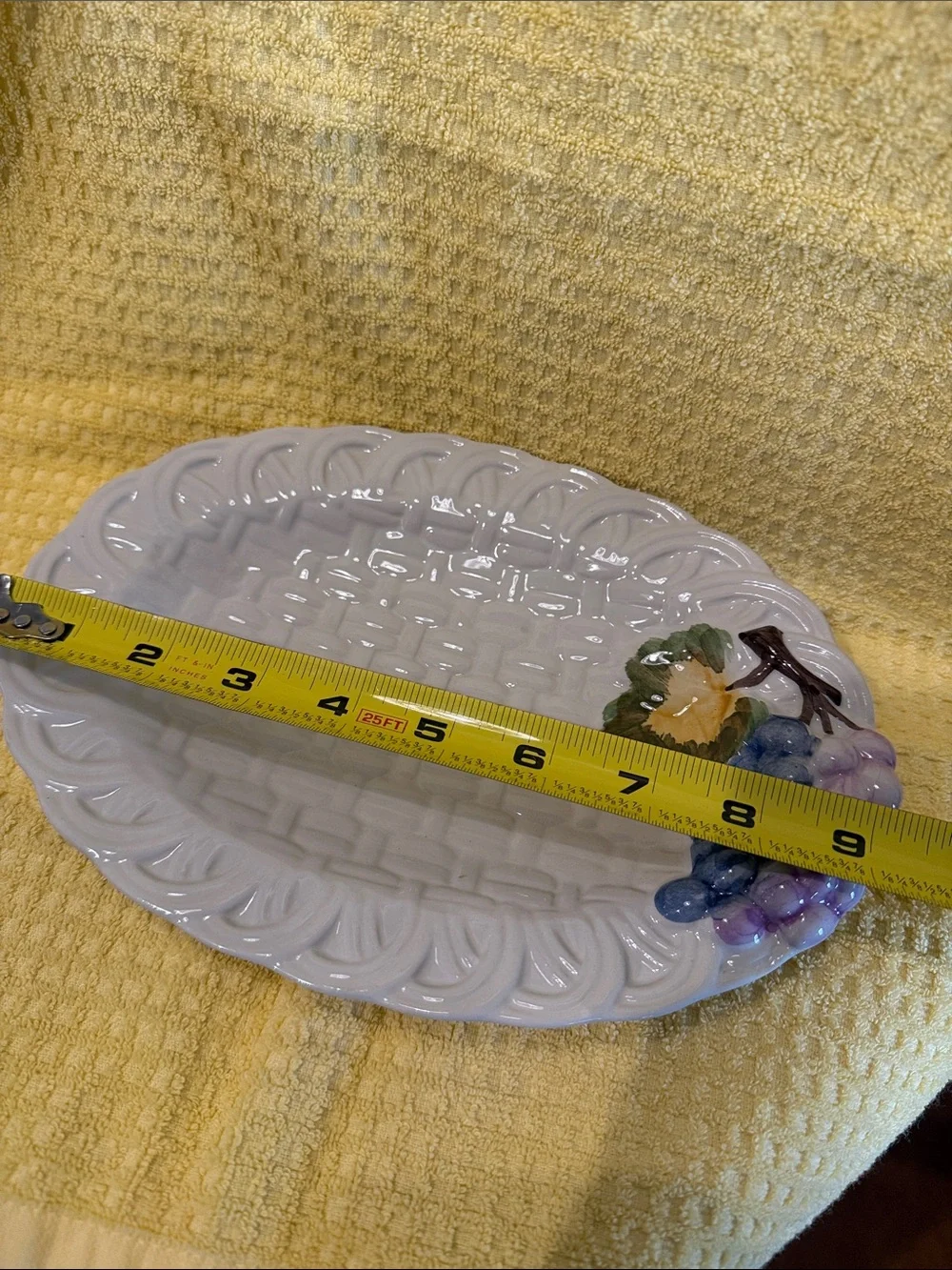 Made in Portugal White Ceramic Basket-Weave Fruit Dish with Grape Accent